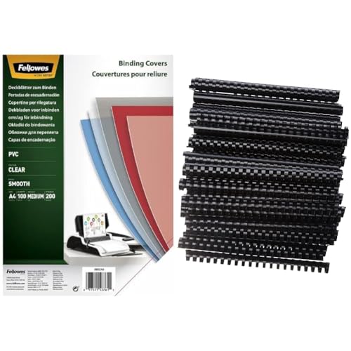 Fellowes Klarsicht Deckblatt aus PVC, A4 Format, 200 mic Stärke & Peach Plastikbinderücken A4-22mm - 210 Blatt - 50 Stück - schwarz - PB422-02 von Fellowes