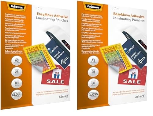 Fellowes Laminierfolien A3 EasyDisplay mit selbstklebender Rückseite, 80 Mikron (2 x 80 mic), 25 Stück (Packung mit 2) von Fellowes