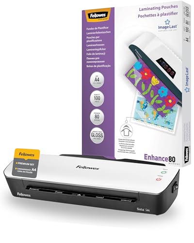 Fellowes Laminiergerät A4 Sola und Laminierfolien A4 Bundle für Zuhause und Homeoffice, bis 125 Mikron Stärke, staufrei, Laminiergerät zum Laminieren von Fotos, Dokumenten, Speisekarten, Rezepten uvm von Fellowes