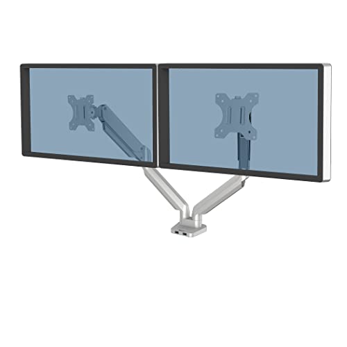 Fellowes Monitor Halterung 2 Monitore bis je 32 Zoll (81,28 cm), Platinum Series Monitor Arm mit Gasfeder, USB Ports - Befestigung mit Klemme oder an Kabeldurchlass - Farbe: Silber von Fellowes