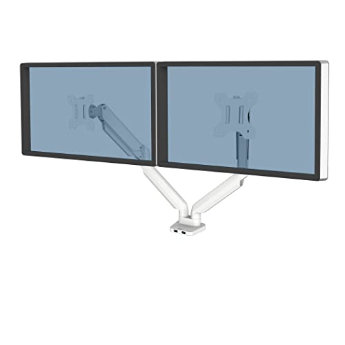 Fellowes Monitor Halterung für 2 Monitore bis je 32 Zoll (81,28 cm) - Platinum Series Monitor Arm mit Gasfeder, USB Ports - Klemmbefestigung oder Kabeldurchlass - Farbe: Weiss von Fellowes