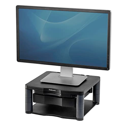 Fellowes Monitorständer Premium Plus, höhenverstellbar in 5 Stufen, ergonomisch, sehr stabil für Monitore bis 21 Zoll, mit Schublade und Sichtfeld-Vorlagenhalter, schwarz von Fellowes