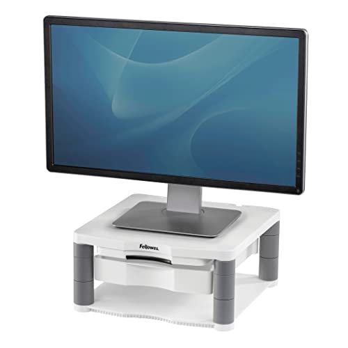 Fellowes Monitorständer Premium Plus, höhenverstellbar in 5 Stufen, ergonomisch, sehr stabil für Monitore bis 21 Zoll, mit Schublade und Sichtfeld-Vorlagenhalter, weiß-grau von Fellowes