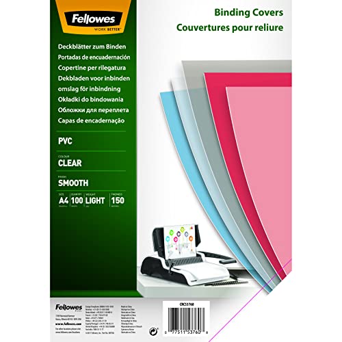 Fellowes PVC Deckblatt für Plastikbindung und Drahtbindung - Stärke 150 Mikron - transparent - Format DIN A4 - Packung mit 100 Stück von Fellowes