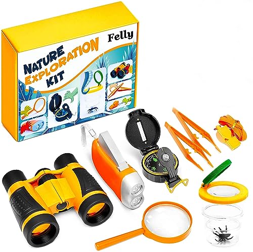 Kinder Fernglas Spielzeug Set, Felly 10 Stück Draussen Forscherset für Kinder, Spielzeug ab 3 4 5 6 7 8 + Jahre mit Bug Catcher Pinzette Insect Viewer Kompass Lupe für Camping und Outdoor-Sport von Felly