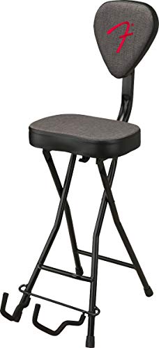 Fender 351 Sitz- und Gitarrenständer-Kombination, Zusammenklappbares Design, Abnehmbare Rückenlehne, Grauer Tweed-Stoff, rutschfeste Füße von Fender