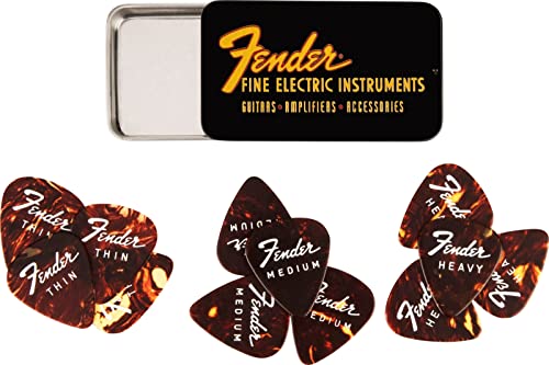 Fender® »FINE ELECTRIC PICK TIN« Plektren in Sammler-Dose - 12 Stück - Celluloid - 351 Form - 3 Stärken - Tortoise Shell von Fender