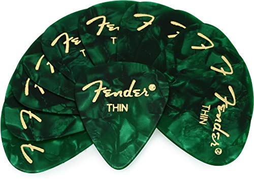 Fender 351 Shape Premium Plektren (12 Stück) für E-Gitarre, Akustikgitarre, Mandoline und Bass 351 - Thin Grün (Moto) von Fender
