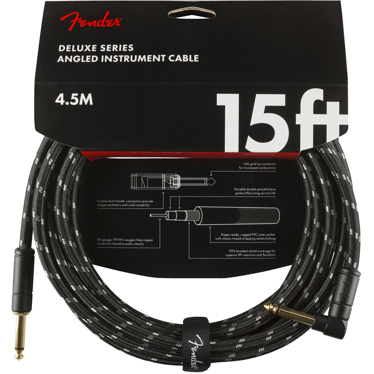 Fender Deluxe Cables Straight - Right-Angled Jack Cable, 4.5m (Black Tweed) von Fender