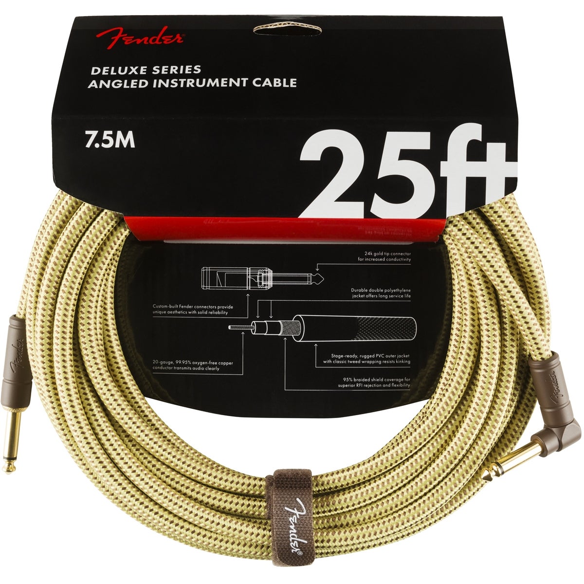 Fender Deluxe Cables Straight - Right-Angled Jack Cable, 7.5m (Yellow Tweed) von Fender