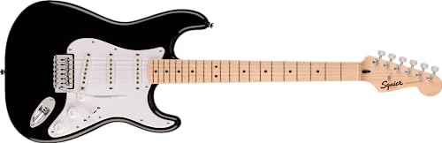 Squier by Fender Sonic Stratocaster, E-Gitarre, Ahorngriffbrett, Weiße Schlagplatte, Schwarz, Inklusive kostenloser virtueller Kurse auf Fender Play von Squier