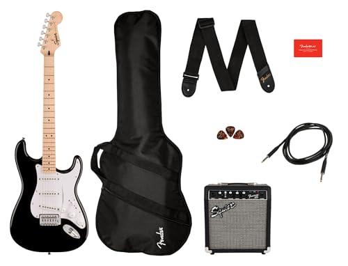 Squier by Fender Sonic Stratocaster Electric Guitar Pack, Maple Fingerboard, Black, Gig Bag, Squier Frontman 10G Amp - 230V EU, Inklusive kostenloser virtueller Kurse auf Fender Play von Squier