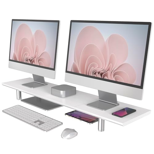 Fenge Großer Monitorständer 100cm Dual Monitor Stands Riser mit Höhenverstellbarem Bein,Multifunktionaler Computer Stand für PC/Laptop/TV, 100x23.5X(9.2-11.2) cm Weiß von Fenge