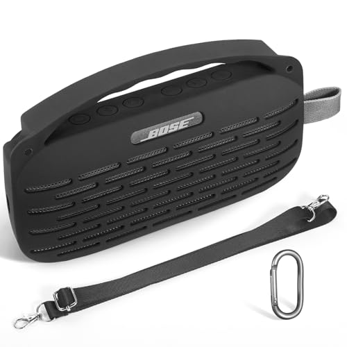 Fenmaru Silikon-Schutzhülle für Bose SoundLink Flex 2 Lautsprecher,Tragbare Silikonhülle Mit Schultergurt für Bose SoundLink Flex (2.Gen.),Schutz Cover Case Mit Tragegriffband (Schwarz) von Fenmaru