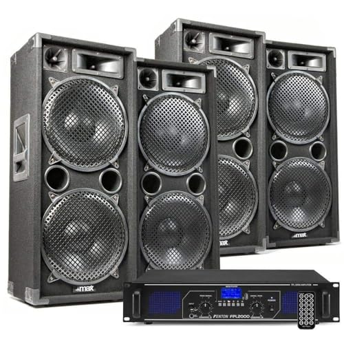 DJ Lautsprecher Set, Mobile PA Anlage Komplettset, 5600 Watt, DJ Set Komplett, 4X MAX212 Lautsprecher DJ Boxen 8 Ohm, 1x Fenton FPL2000 Verstärker, 4Ohm, BT MP3, PA System, DJ Anlage für Beginner von Fenton