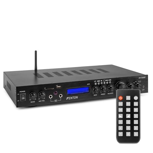 Fenton AV-150BT - 5.1 AV Receiver mit Bluetooth, HiFi Verstärker 380 Watt, FM-Radio, MP3, SD- und USB-Anschluss, 2X Mikrofon Anschluss, Echo Effekt für Heimkino, Karaoke - Schwarz von Fenton