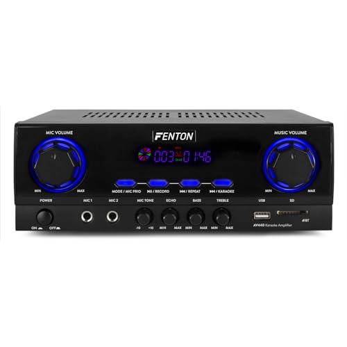 Fenton AV440 Digitaler Bluetooth Verstärker HiFi Stereo Verstärker inkl. Fernbedienung - 400 Watt Peak - 2 Kanal Amplifier Karaoke, MP3 Player, USB, SD, Equalizer, RCA-In, 2X MIC-IN, Echo - Schwarz von Fenton