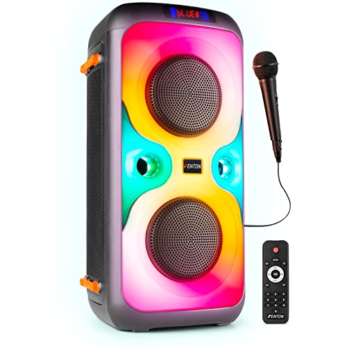 Fenton BoomBox440 - Partybox, Karaoke Box mit Mikrofon, Musikbox Bluetooth Lautsprecher, 180 Watt mobiler Partylautsprecher mit Lichteffekt, USB, Micro SD, MP3, Akku Party Lautsprecher von Fenton