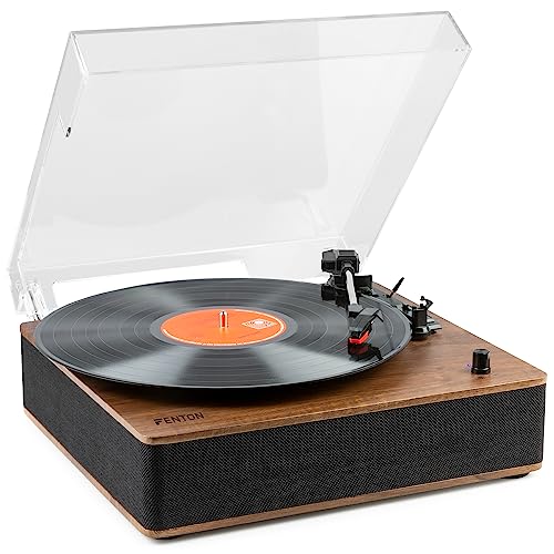 Fenton RP161 Plattenspieler Bluetooth, HQ Vinyl Player, Staubdeckel, Line-Out, eingebaute Stereo Lautsprecher, 3 Geschwindigkeiten, Single Puck, Schallplattenspieler mit Lautsprecher Walnuss Braun von Fenton