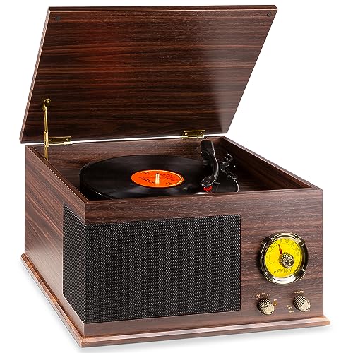 Fenton RP173 Retro Plattenspieler Bluetooth, Schallplattenspieler, Record Player mit FM Radio, eingebauten Lautsprechern, Vinyl zu MP3 konvertieren, USB Vinyl Plattenspieler, Braun von Fenton