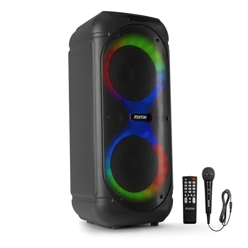 Fenton Track510 Musikbox Bluetooth Groß mit LED 160W, 10 Std Akku, 2 Mikrofone, Fernbedienung, Partybox Bluetooth Box Groß, Stereo-Pairing, Tragbare Musik Box mit Mikrofon, Boom Box - Schwarz von Fenton