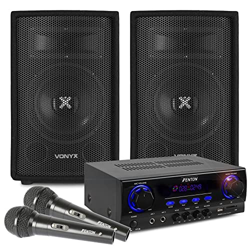 Karaoke Anlage mit 2 Mikrofonen - Vonyx SL8 PA Lautsprecher Set 400 Watt und Fenton AV440BT Bluetooth Verstärker, Mobile PA Anlage Komplettset mit Kabeln, DJ Anlage, Karaoke Set, Karaoke Maschine von Fenton