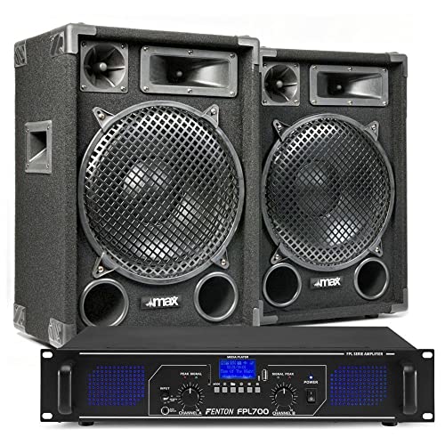MAX12 - DJ Starter Kit - DJ Boxen Set 1400 Watt inklusive Verstärker mit Bluetooth, MP3, USB, MAX12 Bundle 2 Lautsprecher mit Verstärker, PA-Anlage Komplett Set von Fenton
