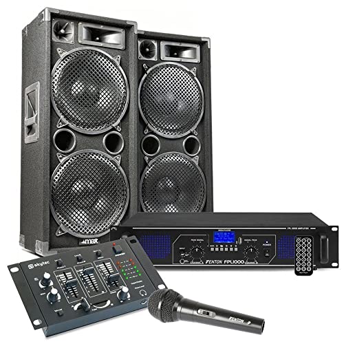 MAX212 - DJ Starter Kit - DJ Boxen Set 2800 Watt inklusive DJ Mixer, Verstärker mit Bluetooth, MP3, USB, MAX212 Bundle 2 Lautsprecher mit Verstärker, PA-Anlage Komplett Set von Fenton
