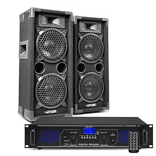 MAX26 PA Anlage Komplett Set, 1200 Watt DJ Boxen Set Lautsprecher mit Verstärker und Kabel, Lautsprecherset, Karaoke Set, Soundanlage, Musik Boxen, PA Komplett Set - Schwarz von Fenton