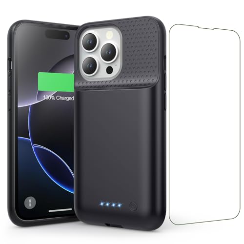 Feob Akku Hülle für iPhone 16 Pro, 7500 mAh Wiederaufladbar Batterie Ladehülle Akku mit Schutzfolie, Tragbares Batterieladegerät Hülle Leistungsstarke Power Bank für iPhone 16 Pro (6,3") (A-Schwarz) von Feob