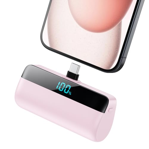 Mini Power Bank with USB-C Connector 5200mAh, Compact LCD Display Portable Charger Battery Pack - Pink von Feob