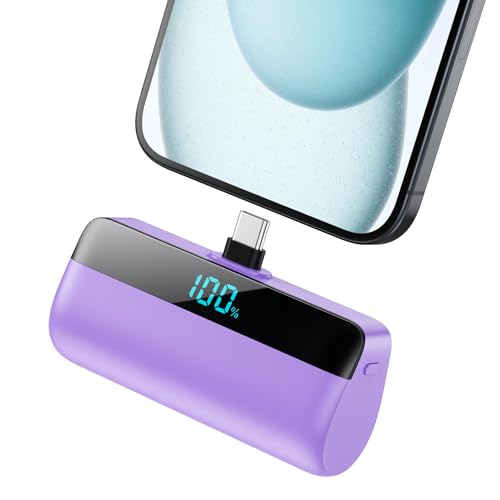 Mini Power Bank with USB-C Connector 5200mAh, Compact LCD Display Portable Charger Battery Pack - Purple von Feob