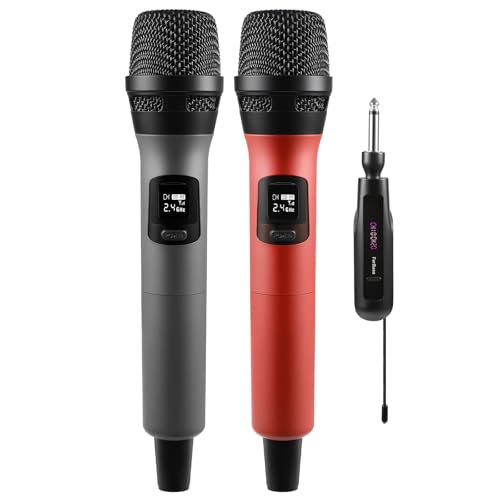FerBuee Kabelloses Mikrofon Dual Professional Schnurlos Handheld Mikrofon System für Verstärker, PA System, Karaoke, Treffen, Partei, Kirche, DJ, Hochzeit (Grau & Rot) von FerBuee