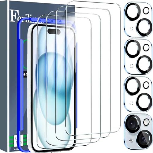 [8-in-1] Ferilinso Schutzfolie für iPhone 15 Panzer Schutz Glas Zubehör 4 Stück Panzerfolie Displayschutz 4 Stück Kameraschutz Hülle Freundlich Camera Glass Screen Protector für 6,1Zoll von Ferilinso