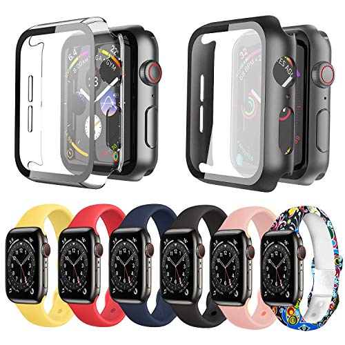Ferilinso 6 Farben weiches Silikon Sport Ersatzband für Apple Watch Armbänder 44 mm mit 2 Stück harten Hüllen für Apple Watch SE Serie 6 5 4 44 mm Eingebauter Displayschutz gehärtetes Glas, iWatch von Ferilinso