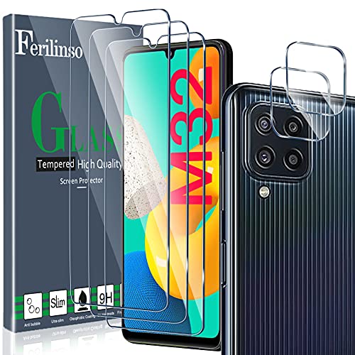 Ferilinso Entworfen für Samsung Galaxy M32 4G Panzer Schutz Glas, 3 Stück HD Klar Schutzfolie mit 2 Stück Kamera Panzerfolie Panzer Schutz Glas, Kameraschutz von Ferilinso