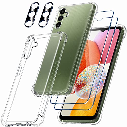 Ferilinso Handyhülle für Samsung Galaxy A14 4G 5G Hülle, Drop Protection Silikon Zubehör Transparent Case, Mit 2 Stück 9H Panzer Schutz Glas Schutzfolie 2 Stück Kameraschutz, Kratzfeste Schutzhülle von Ferilinso