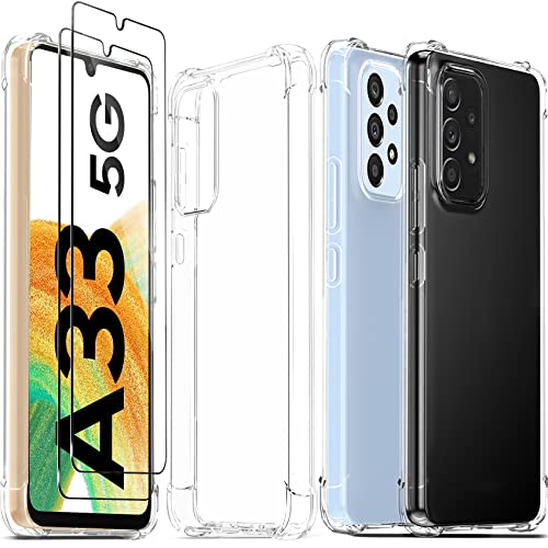 Ferilinso Handyhülle für Samsung Galaxy A33 5G Hülle, Drop Protection Silikon Zubehör Transparent Case, Mit 2 Stück 9H Panzer Schutz Glas Schutzfolie, Stoßfeste Kratzfeste Schutzhülle von Ferilinso