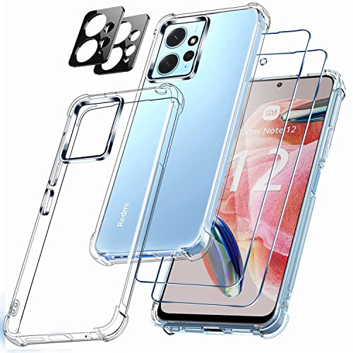 Ferilinso Handyhülle für Xiaomi Redmi Note 12 4G Hülle, Drop Protection Silikon Zubehör Transparent Case, Mit 2 Stück 9H Panzer Schutz Glas Schutzfolie 2 Stück Kameraschutz, Kratzfeste Schutzhülle von Ferilinso