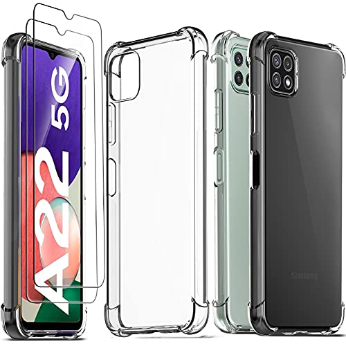 Ferilinso Schutzhülle für Samsung Galaxy A22 5G + 2 Stück Hartglas-Displayschutz [transparente Silikonhülle] [10 x vergilbungsfrei] [stoßfest] [Kratzfest] [9H Härte] von Ferilinso