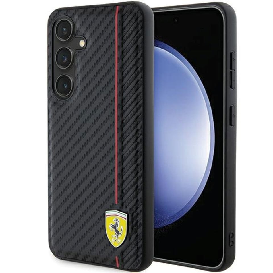 Ferrari Handyhülle Case Galaxy S24 Plus Carbon-Look schwarz Logo Metall 6,7 Zoll, Kantenschutz von Ferrari