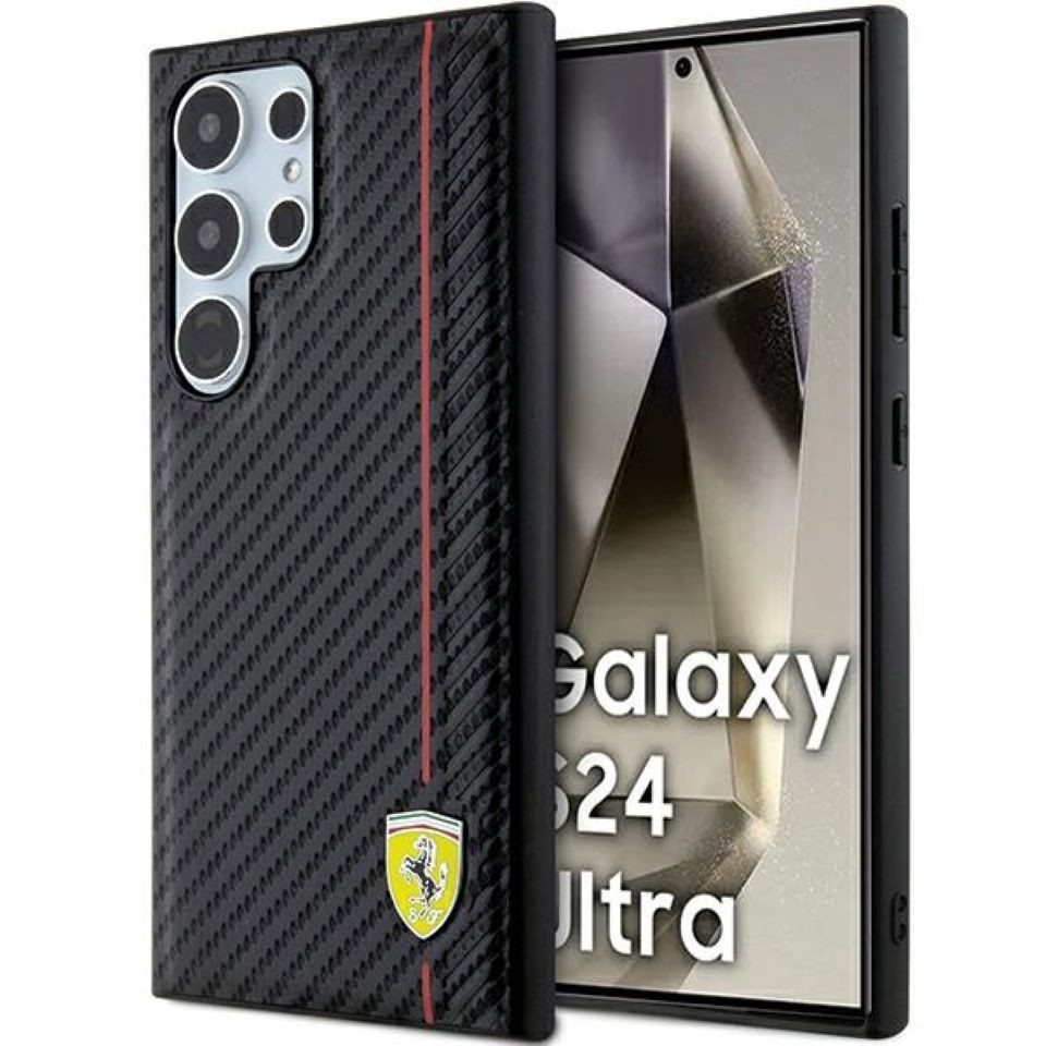 Ferrari Handyhülle Case Galaxy S24 Ultra Carbon-Look schwarz Logo Metall 6,8 Zoll, Kantenschutz von Ferrari