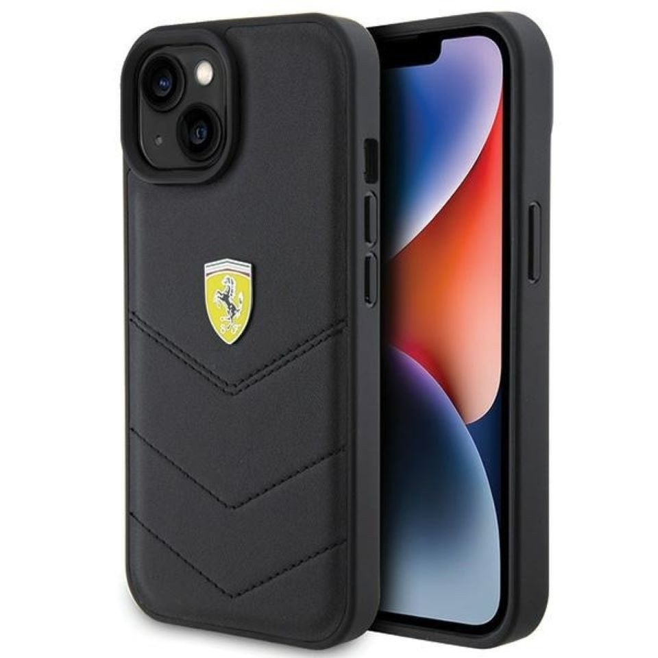 Ferrari Handyhülle Case iPhone 15 Echtleder schwarz Logo Metall, Kantenschutz von Ferrari