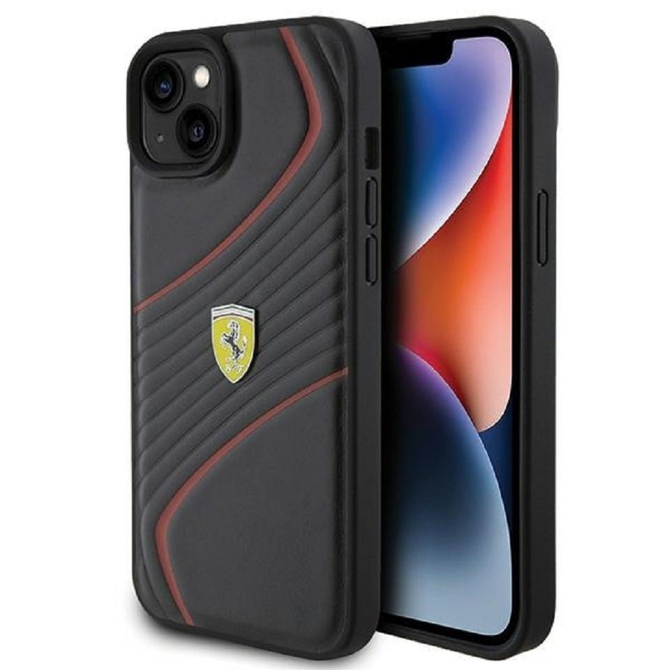 Ferrari Handyhülle Case iPhone 15 Plus Kunstleder schwarz Logo 6,7 Zoll, Kantenschutz von Ferrari