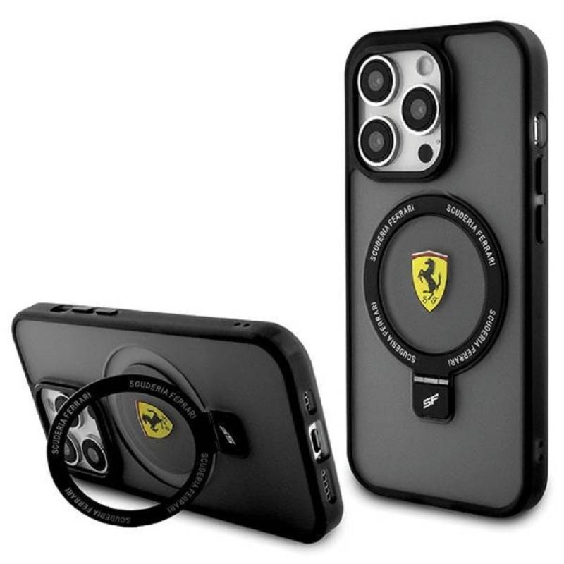 Ferrari Handyhülle Case iPhone 15 aufstellbar Magsafe kompatibel Logo Matt dunkel 6,1 Zoll, Kantenschutz von Ferrari