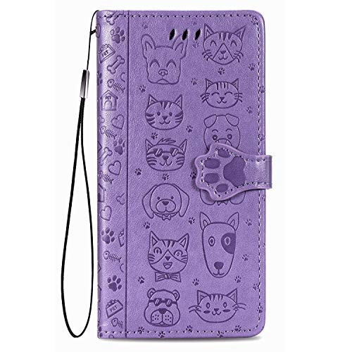 Fertuo Hülle für Apple iPhone 13, Handyhülle Leder Flip Case Tasche mit Kartenfach, Magnet und Standfunktion [Katze Hund Muster] Schutzhülle Wallet Cover für Apple iPhone 13, Lila von Fertuo