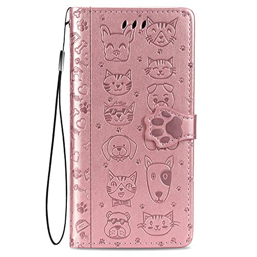 Fertuo Hülle für Apple iPhone 13 Mini, Handyhülle Leder Flip Case Tasche mit Kartenfach, Magnet und Standfunktion [Katze Hund Muster] Schutzhülle Cover für Apple iPhone 13 Mini, Rosegold von Fertuo
