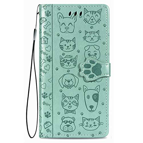 Fertuo Hülle für Apple iPhone 15 Pro, Handyhülle Leder Flip Case Tasche mit Kartenfach, Magnet und Standfunktion [Katze Hund Muster] Schutzhülle Cover für Apple iPhone 15 Pro, Grün von Fertuo