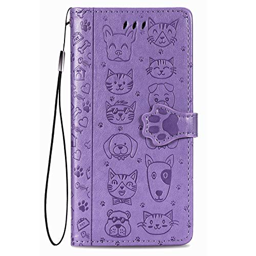 Fertuo Hülle für Google Pixel 8 Pro, Handyhülle Leder Flip Case Tasche mit Kartenfach, Magnet und Standfunktion [Katze Hund Muster] Schutzhülle Cover für Google Pixel 8 Pro, Lila von Fertuo