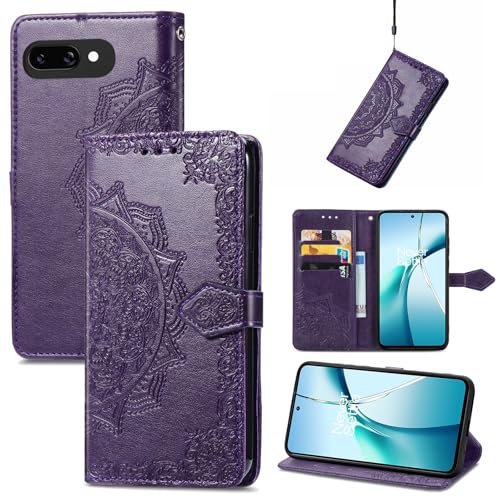 Fertuo Hülle für Google Pixel 9A, Handyhülle Leder Flip Case Tasche mit Kartenfach, Magnet und Standfunktion [Mandala Muster] Handy Schutzhülle Ledertasche für Google Pixel 9A, Lila von Fertuo
